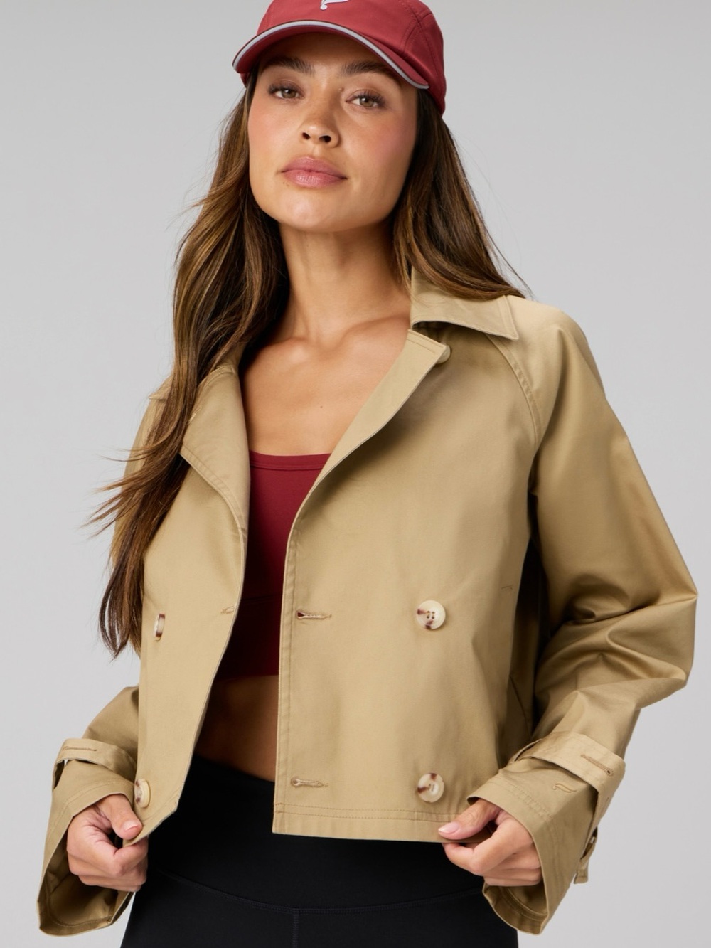 Fabletics Camel Khaki Cropped Trench Jacket